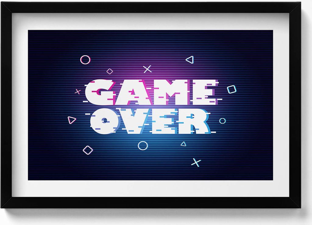 Stilisierte Aufschrift für den Spieler „Game over“– Wandbild mit Rahmen – Gerahmtes Bild – Wanddekoration – 60x40 cm – Schwarz Rahmen