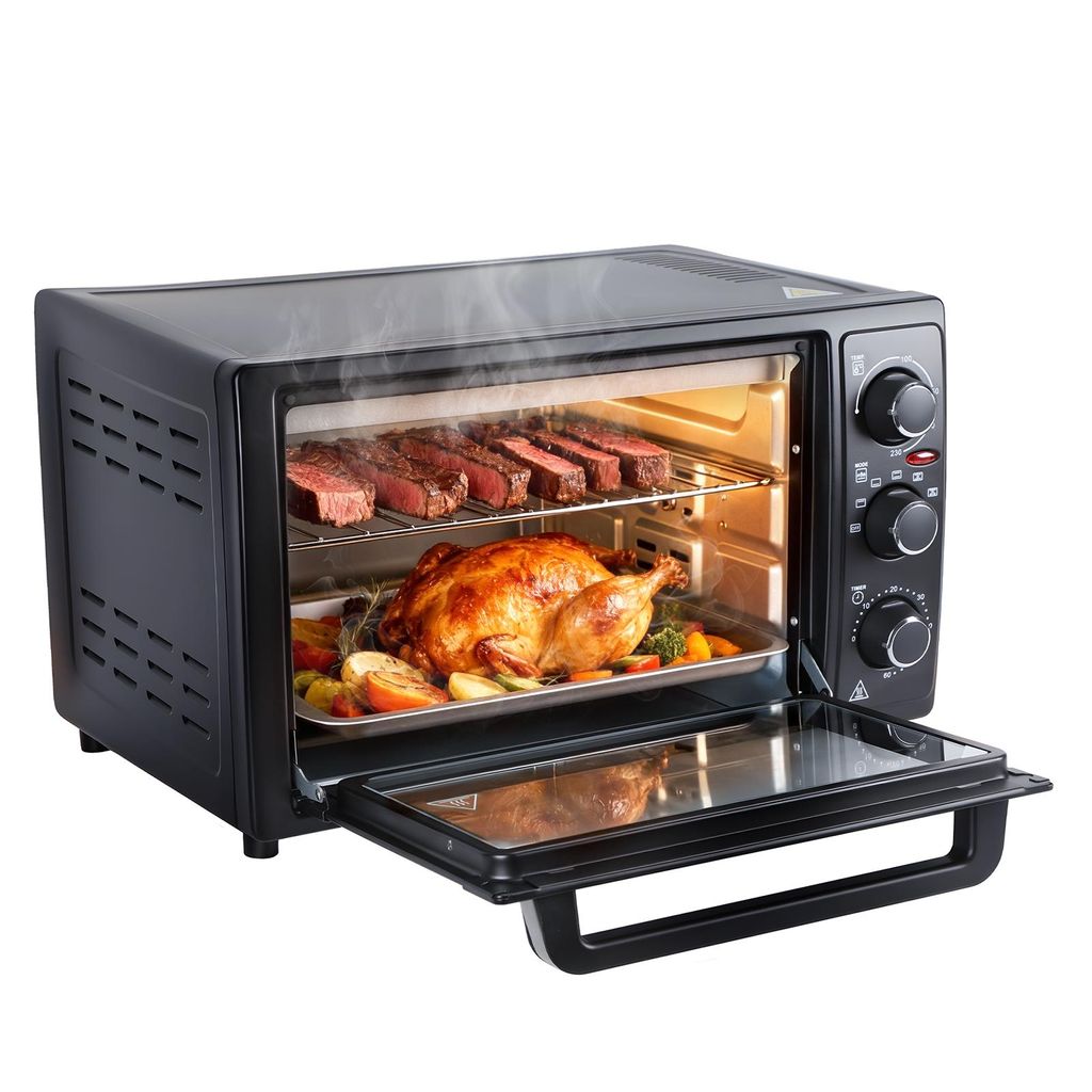 34-QT/32-L-Küchenkonvektionsofen, 1500 W, multifunktionaler Tischbackofen mit 60-Minuten-Timer, Funktionen: Knuspriges Braten, Dörren, Drehspieß...