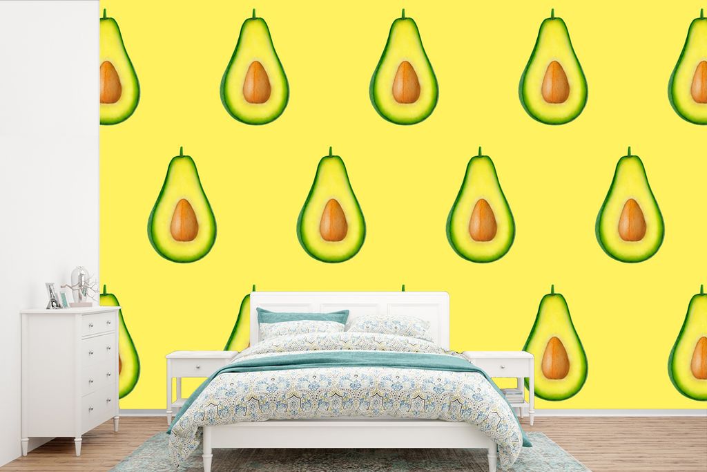 MuchoWow Fototapete für Wohnzimmer oder Schlafzimmer Wandtapete Vinyl Motivtapete Avocado - Muster - Gelb - 420x280 cm - Zimmer für Kinder