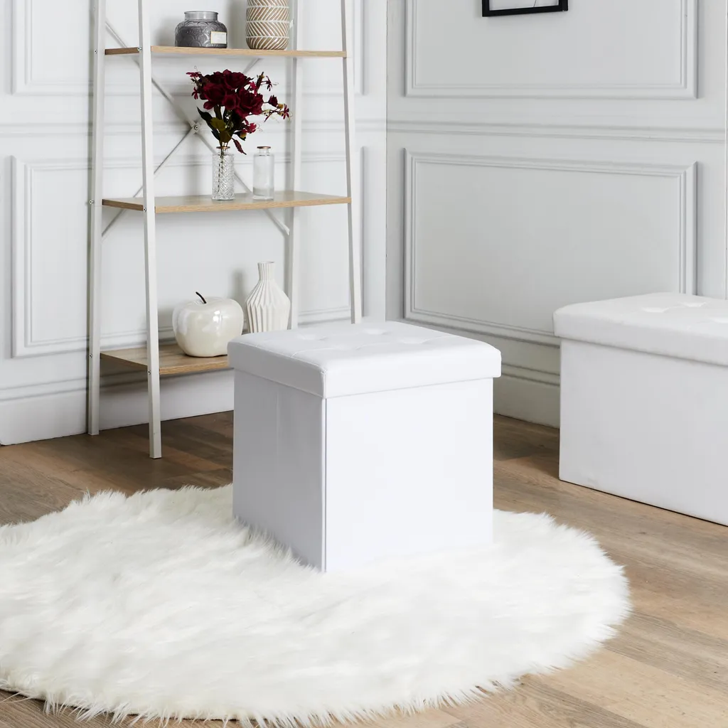 Coffre de Rangement Pliable Blanc pour Salon - Pouf Assise d'Appoint