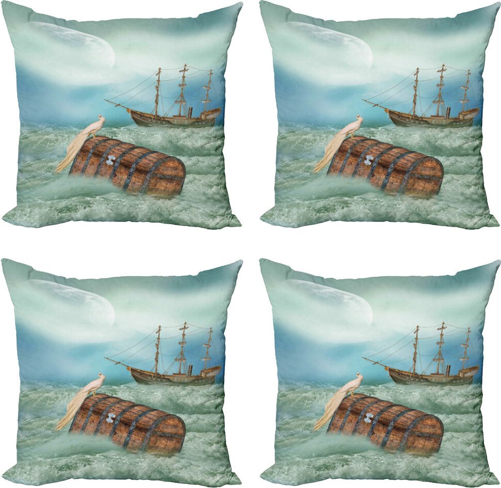 ABAKUHAUS Fantasie Kissenbezug Set (4 Stück), Old Trunk Ocean Waves, Moderner Doppelseitiger Digitaldruck, 45 cm x 45 cm, Mint Green Pale Caramel