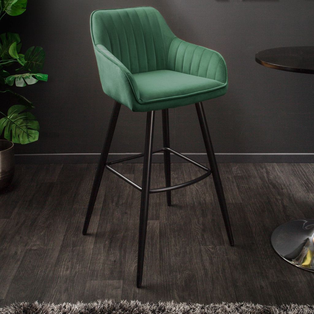 Edler Barhocker TURIN smaragdgrün Samt mit Ziersteppung Barstuhl mit Armlehne Hocker Tresenstuhl