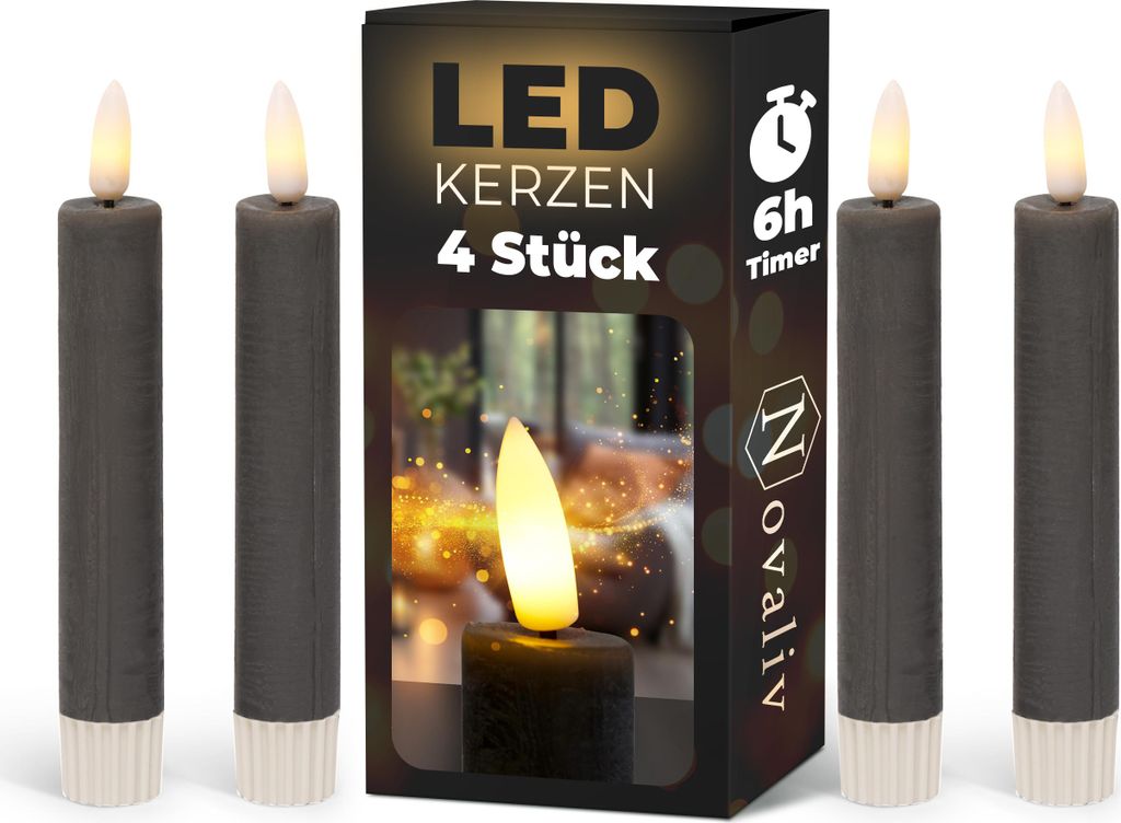 Stabkerzen LED mit Timer GRAU 4 Stück indoor 6 Stunden - ECHTWACHS 15cm Höhe für Kerzen 2,2cm Durchmesser 2 AAA Batterien notwendig LED Stabkerz...