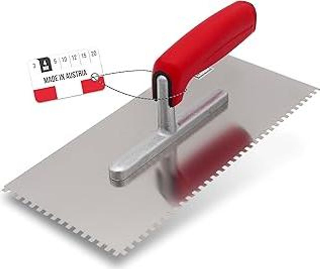 Zahnkelle aus Edelstahl 4 mm - Glättekelle gezahnt Rostfrei - Zahnspachtel mit Softgriff - Traufel Hergestellt in Österreich 280x130mm(4x4mm)