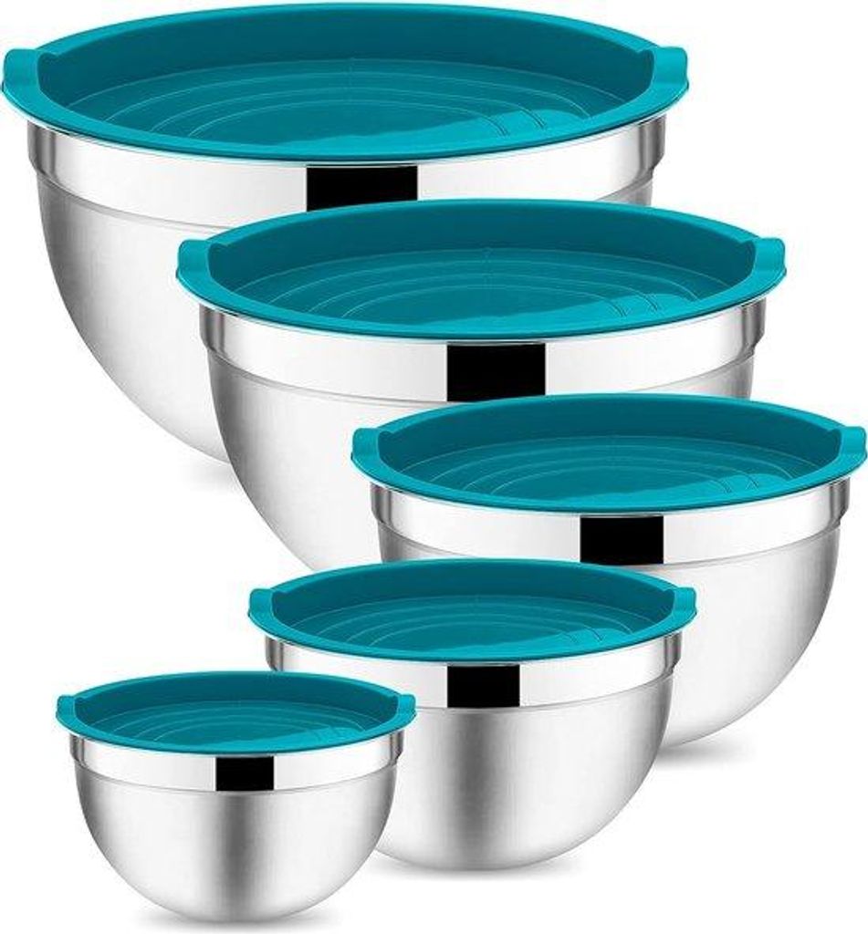 5-teilige Edelstahl-Schüsselkomposit, Einbauset mit luftdichtem Deckel, ideal für Backen, Kochen, Zubereiten, stapelbar und Geschirrspülergeeign...