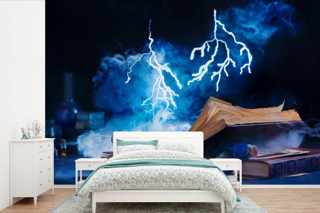 MuchoWow Fototapete für Wohnzimmer oder Schlafzimmer Wandtapete Vinyl Motivtapete Blitze über einem magischen Buch - 330x220 cm - Fototapeten