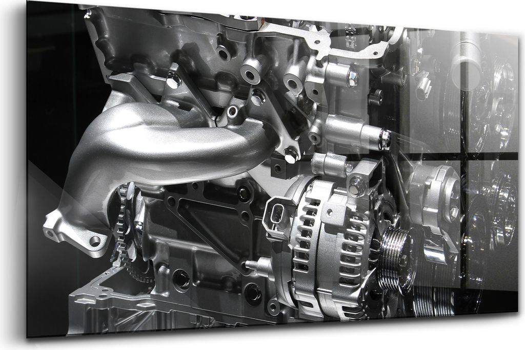 120x60 - Wandmalerei auf Glas- Wanddekoration aus Glas - Teil eines Verbrennungsmotors eines Autos