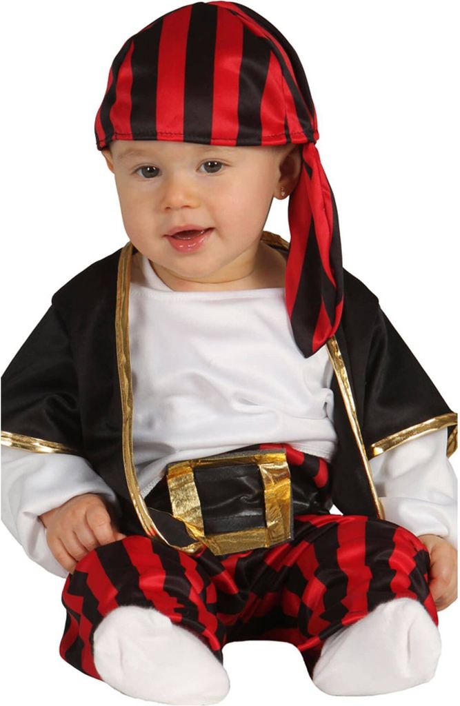Pirat Abenteuer Set Karneval Kostüm Fasching Baby Piratenoutfit Zweiteiliges Ensemble Schiffsjunge Kappe Gürtel Rot Schwarz Lustiges Design, Grö...