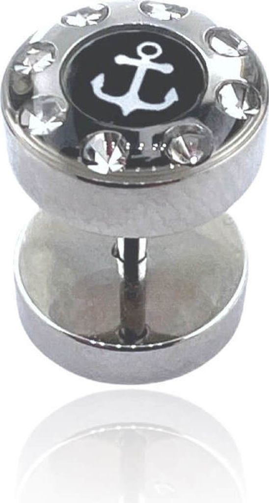 Fake Plug Ohrstecker 10mm 316L Chirurgenstahl mit Anker und Kristallen