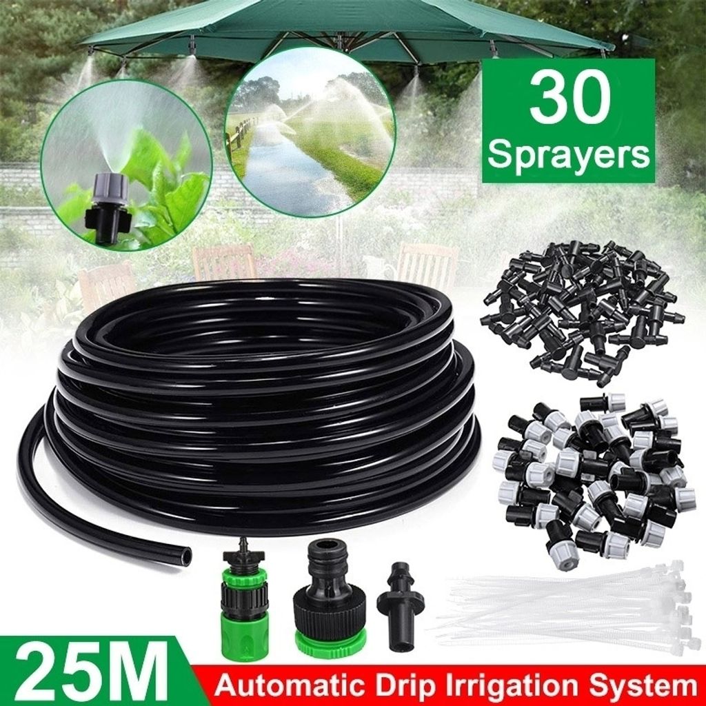 25 Meter Schlauch + 30 graue Nebeldüsen Sprühgeräte DIY Bewässerungssystem Pflanzenbewässerung Mikro-Tropfschlauch-Kits für Patio Garden Gree...