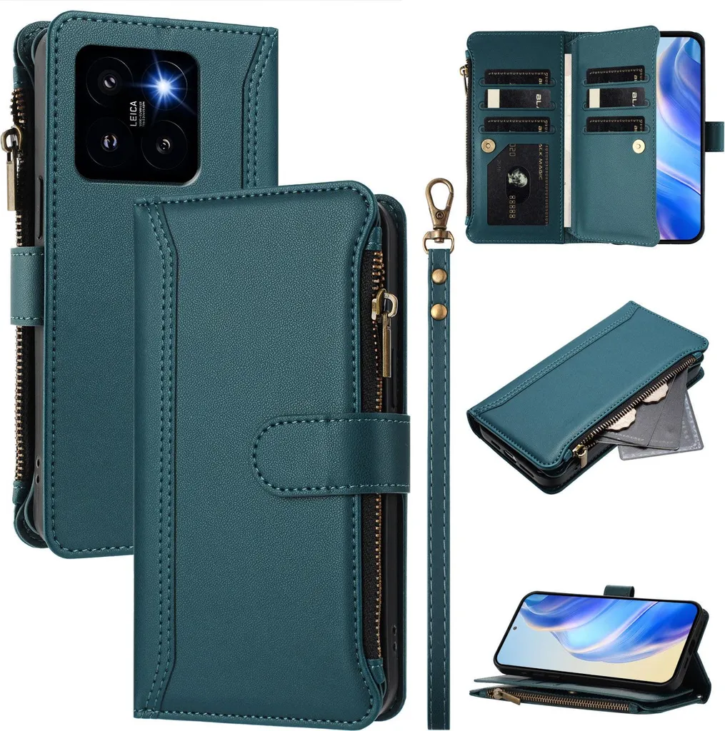 Custodia per Xiaomi 14 Pro, con cerniera, portafoglio in Finto cuoio con tasche per carte, supporto e passante per la mano verde