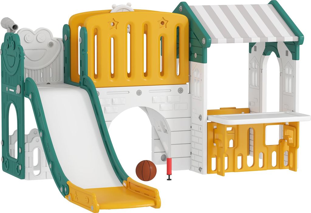 AIYAPLAY 7 in 1 Kinderrutsche mit Klettergerüst Kleinkindrutsche mit Basketballkorb, Tunnel, Teleskop, Stauraum, Spielhaus, Indoor und Outdoor Spi...