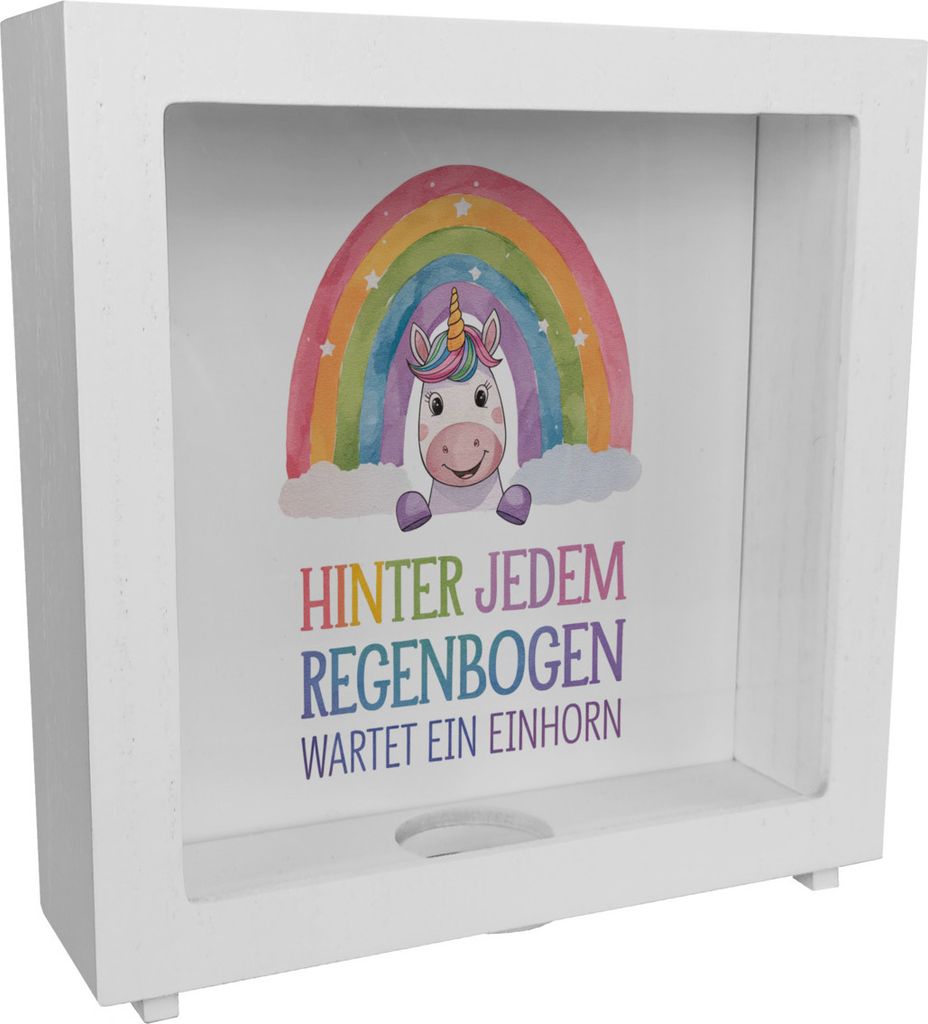 Lächelndes Einhorn Rahmen Spardose aus Holz Hinter jedem Regenbogen