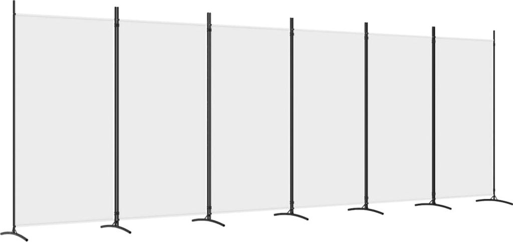 A long, white screen or partition is supported by multiple dark gray poles and stands.