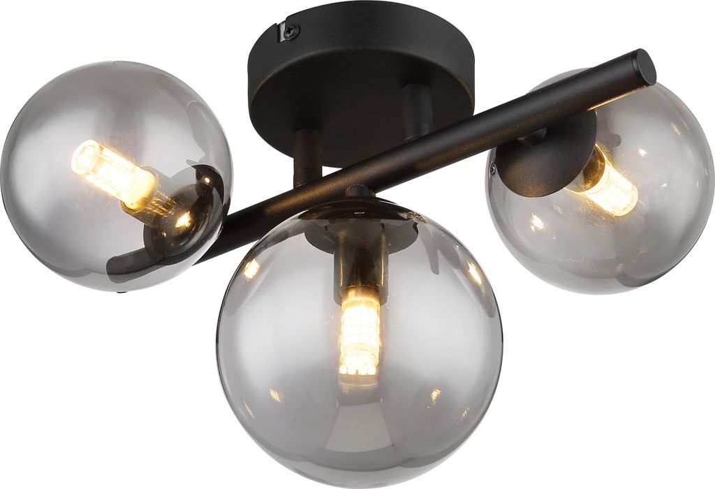 A close-up studio shot of a black ceiling light with three smoked glass globes.
