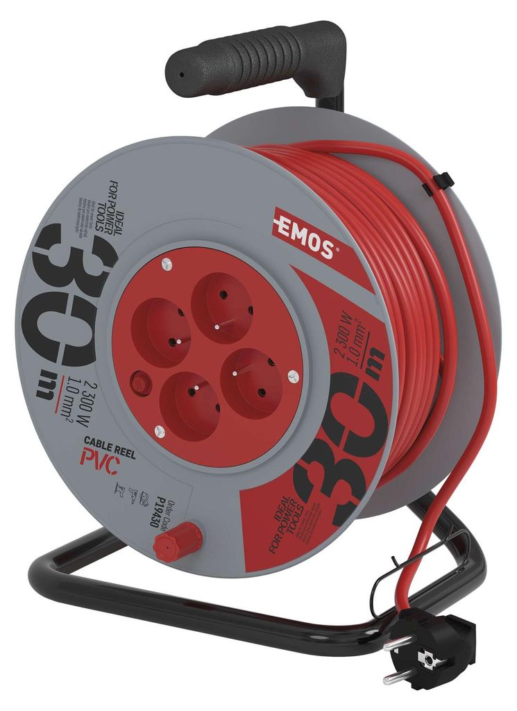 Prodlužovací kabel na bubnu 30 m / 4 zásuvky / červený / PVC / 230 V / 1 mm2