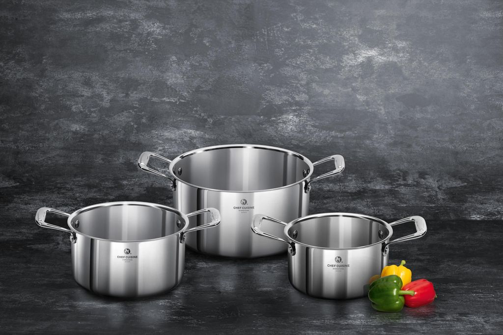 CHEF CUISINE International Edelstahl Topfset, 3-tlg., mit Keramik-Honeycomb-Beschichtung, Kochtöpfe Ø 16 cm, Ø 20 cm und Ø 24 cm, mit Glasdeckel