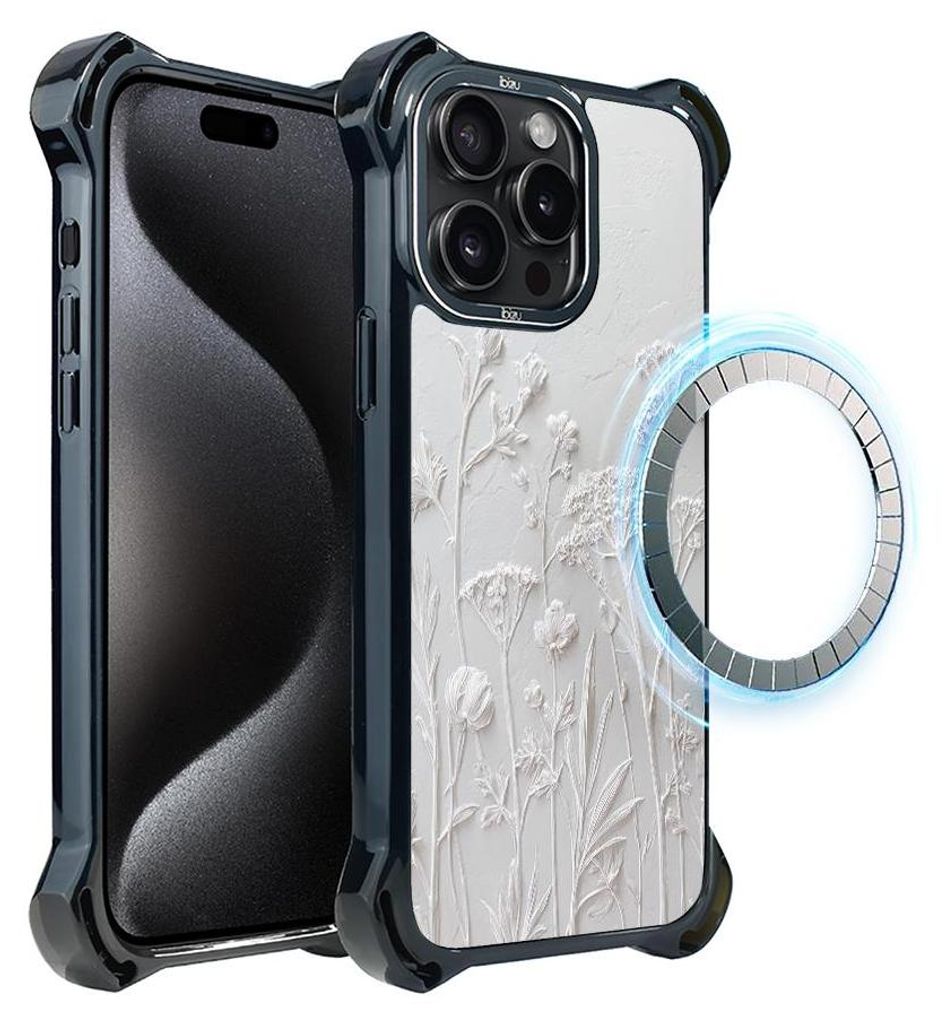 Schutzhülle für das iPhone 15 Pro Max, MagSafe-kompatibel, verstärkte Ecken, schwarz, getrocknete Wildblumen