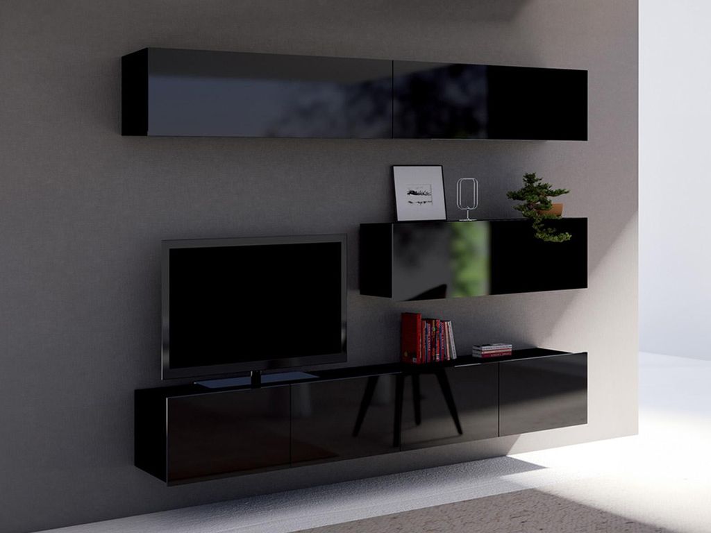 Wohnwand CALABRINI-8 Wohnzimmer-Set Hängewohnwand Schrankwand TV-Schrank Moderne Anbauwand Hochglanz (Schwarz)