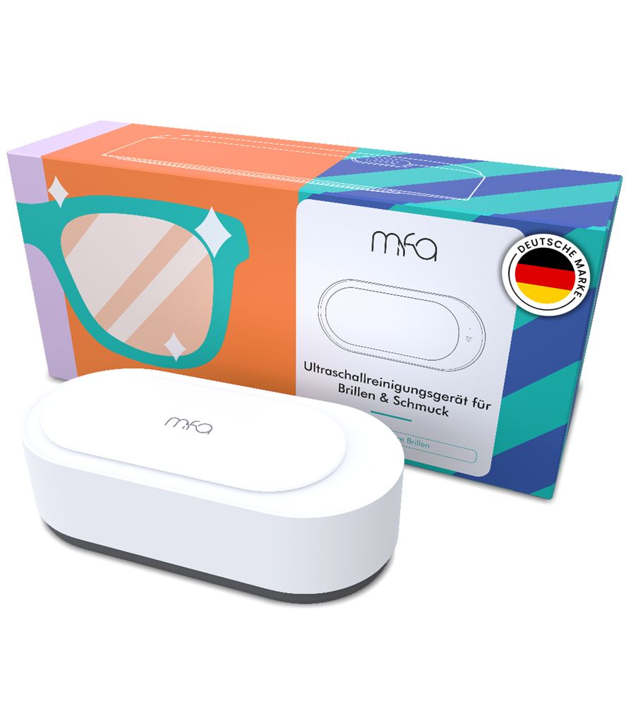 A white ultrasonic cleaner for glasses and jewelry is shown next to its colorful packaging. The packaging features an illustration of glasses and the brand logo.