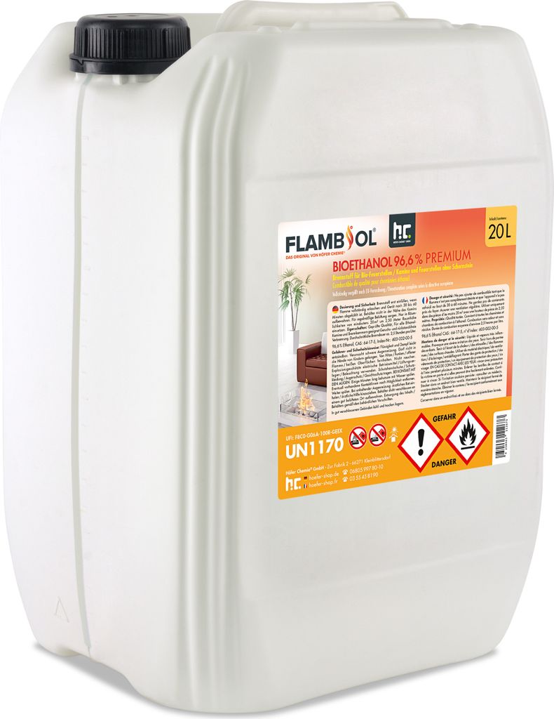 20 L FLAMBIOL Bioethanol 96,6% Premium für Ethanolkamin in Kanistern