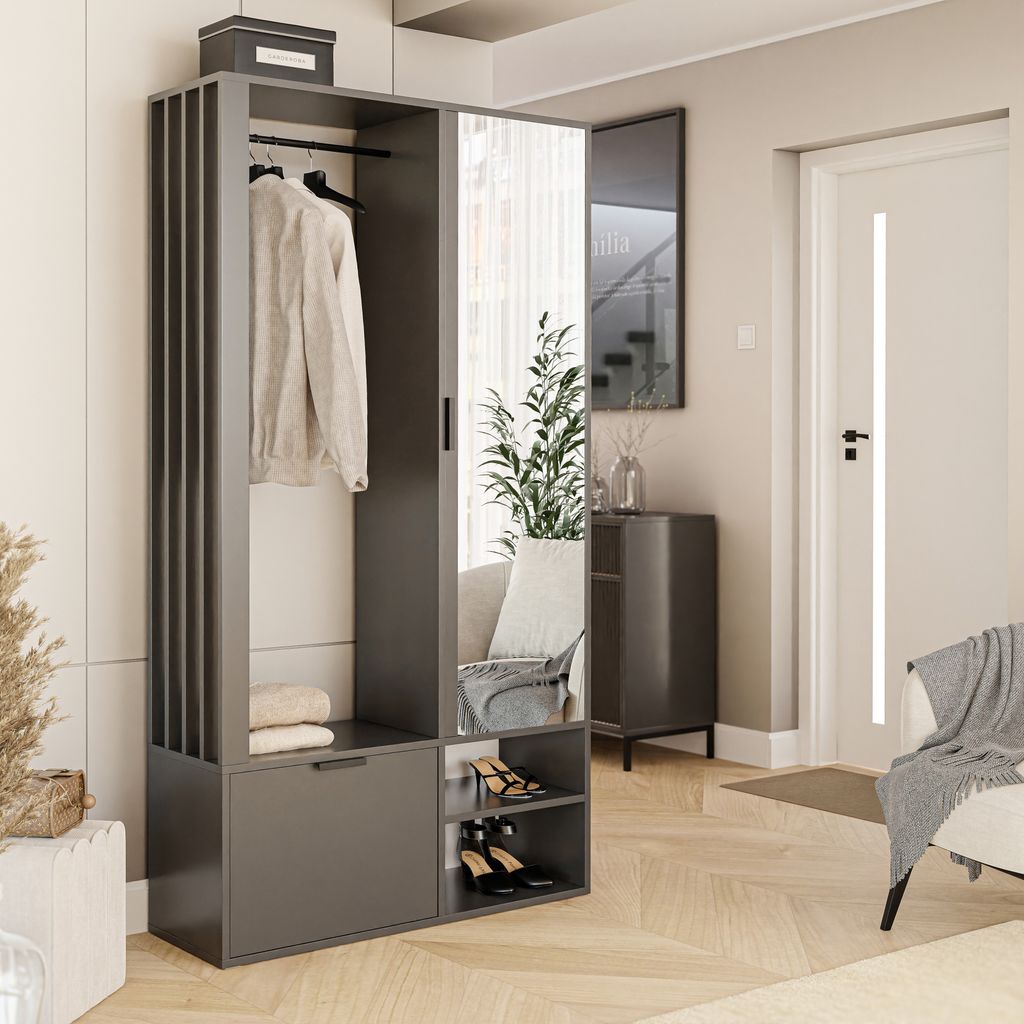 Modern entryway with a grey cabinet featuring a mirror, coat hanging space, and shoe storage.