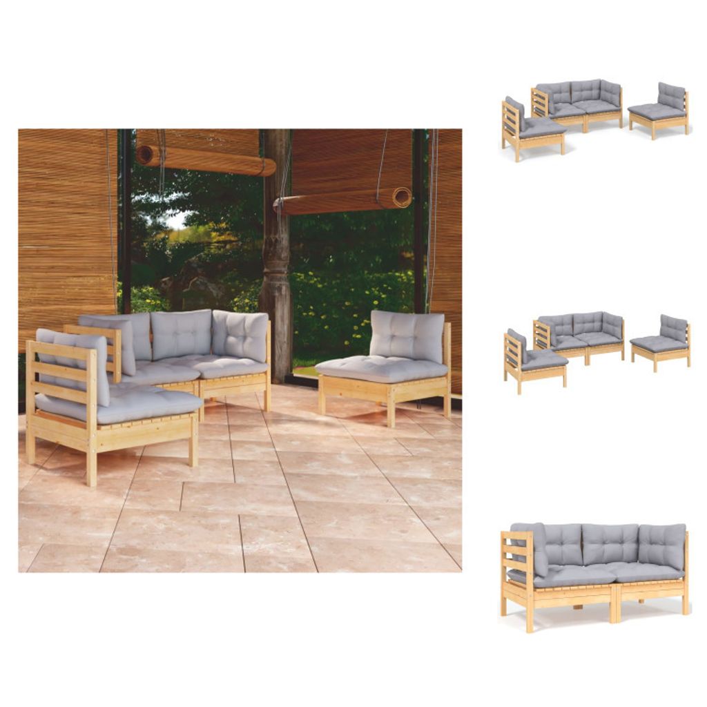 vidaXL 4-tlg. Garten-Lounge-Set mit Grauen Kissen Kiefer Massivholz - Gartenmöbel-Sets
