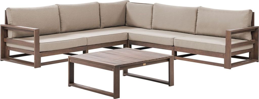 BELIANI Lounge Set Dunkelbraun Akazienholz Auflagen Taupe 5-Sitzer Ecksofa mit Couchtisch Retro Landhaus Stil Terrasse Outdoor