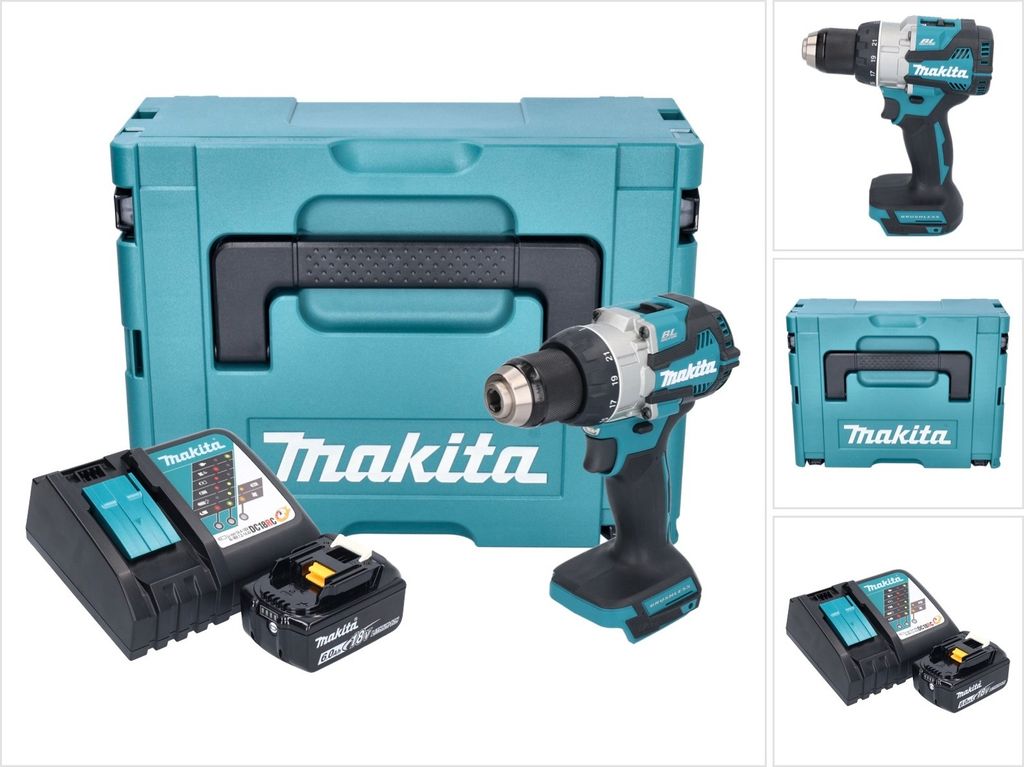A collage of images showing a Makita cordless drill, its case, batteries, and charger.