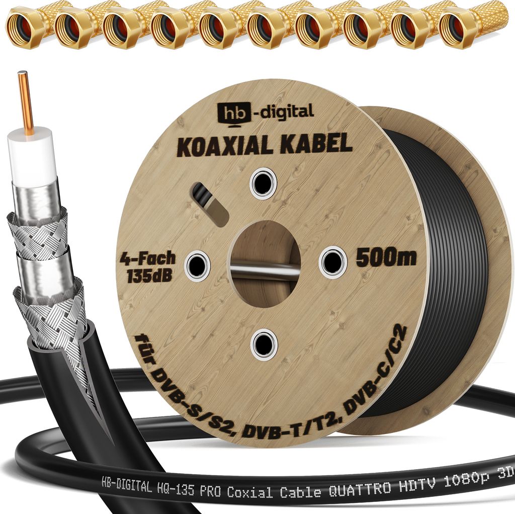 hb-digital 500m Koaxialkabel HQ 135dB 4-Fach Stahl Kupfer schwarz + 100 F-St