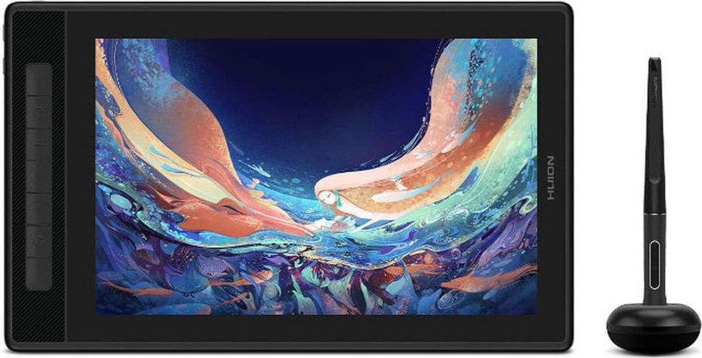 A black graphics tablet and stylus are shown on a white background. The tablet screen displays a colorful digital artwork.