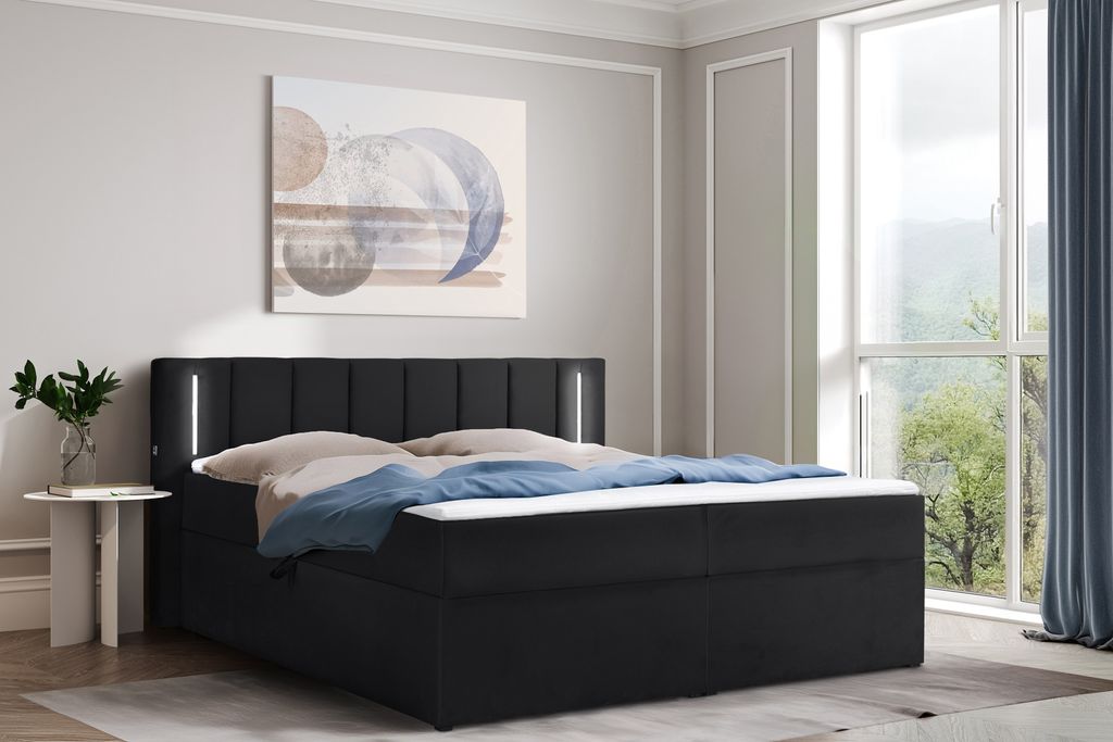 Polsterbett 200 x 200 cm mit Bettkasten und Matratze, Bonellmatratze H3, 2 USB-Ports, LED Beleuchtung, Schwarz Velours Velvet Iseria