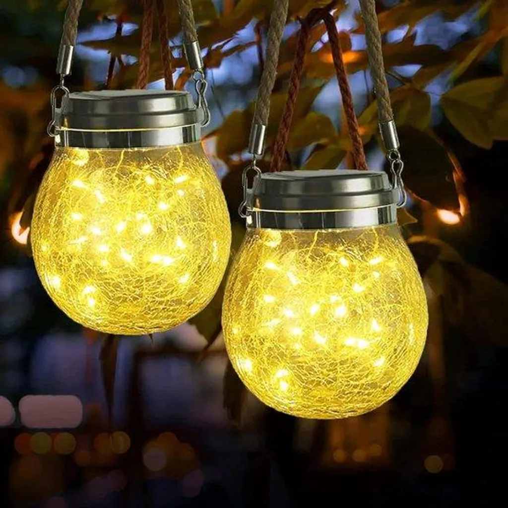 Lot de 2 Lampes de Jardin Solaires en Verre Craquelé Blanc Chaud IP65