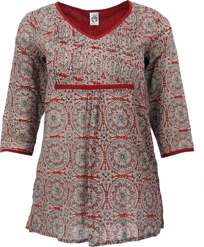 Handbedruckte Bohobluse, Luftige Baumwollbluse - Rostrot/beige, Damen, Baumwolle, Größe: M