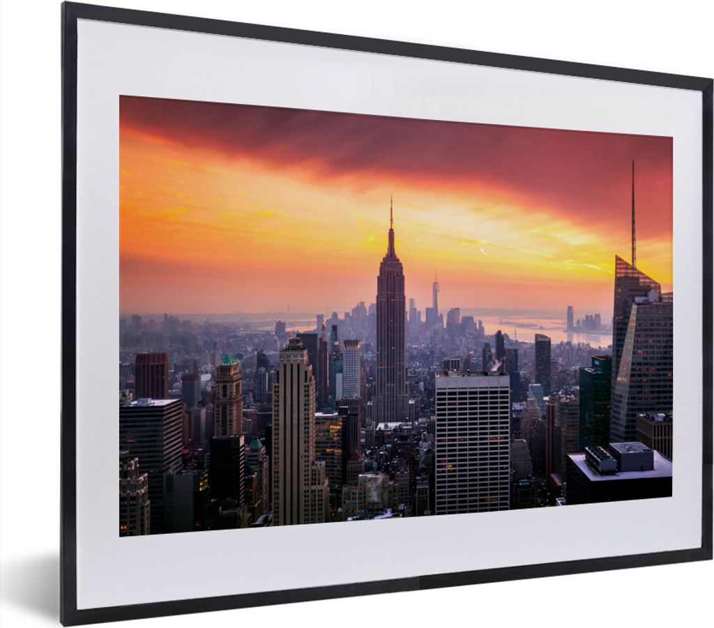 MuchoWow MuchoWow Gerahmtes Poster Sonnenuntergang über dem Empire State Building 40x30 cm - Poster mit zchwarzem Bilderrahmen - Bilderrahmen ...