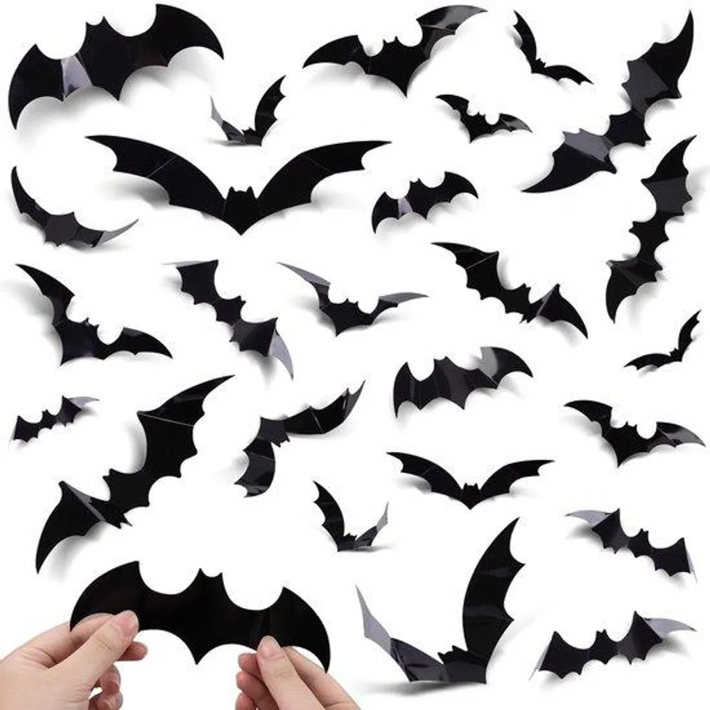 Décoration murale Halloween 3D avec 120 chauves-souris noires en PVC