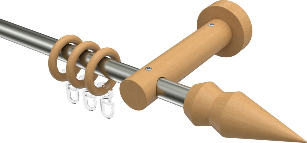 Interdeco Gardinenstange / Vorhangstange Edelstahl-Optik / Buche lackiert, Typ Adrian Doman (Doppelkegel), 16 mm Ø 1-läufig, 320 cm