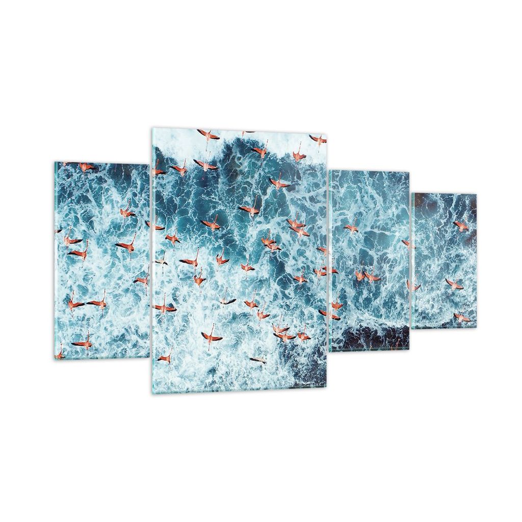 Bilder auf glas - 4 Teile - Flamingos Karibik Vögel - 160x90cm - Glasbilder - Wandbilder - Bilder - zum Aufhängen bereit - Wanddekoration aus Gla...