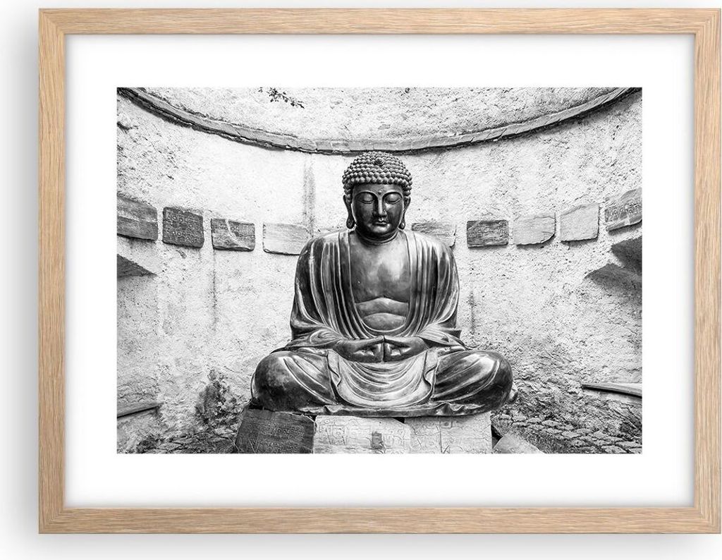 Gerahmtes Poster - Rahmen in heller Eiche - Japanisch Buddha Statue - 40x30 cm - Wand Bild - Wanddeko - Wandbilder - Wandposter - Bilderrahmen - Bi...