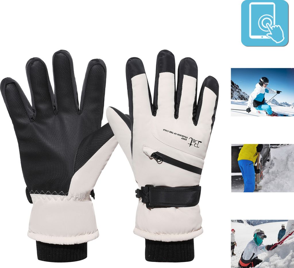 Handschuhe Winter Damen,Fahrradhandschuhe Wasserdicht Winddicht,Skihandschuhe Thermo Handschuhe Rutschfest für Radfahren Skifahren Wandern,Beige