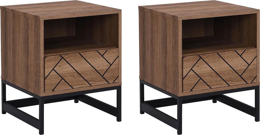 Set aus 2 Nachttischen mit 1 Schublade und 1 Nische - MDF und Stahl - Farbe: Natur und schwarz - CARATANA