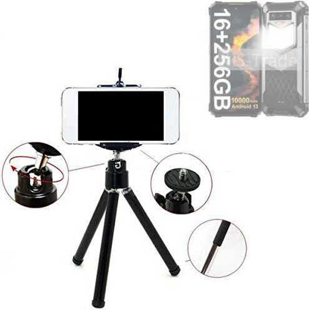 K-S-Trade Smartphone Stativ Dreibein kompatibel mit Oukitel WP26 Tripod aus Aluminium Klemmstativ Stativ Adapter für Mobiltelefone schwarz 1x
