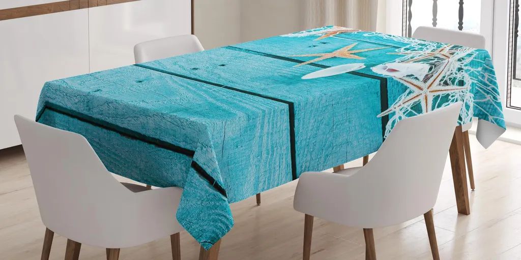 ABAKUHAUS tovaglia in stile marittimo, elementi nautici stelle marine conchiglie e rete su assi di legno dipinte, 140 x 170 cm, acquamarina e marrone chiaro