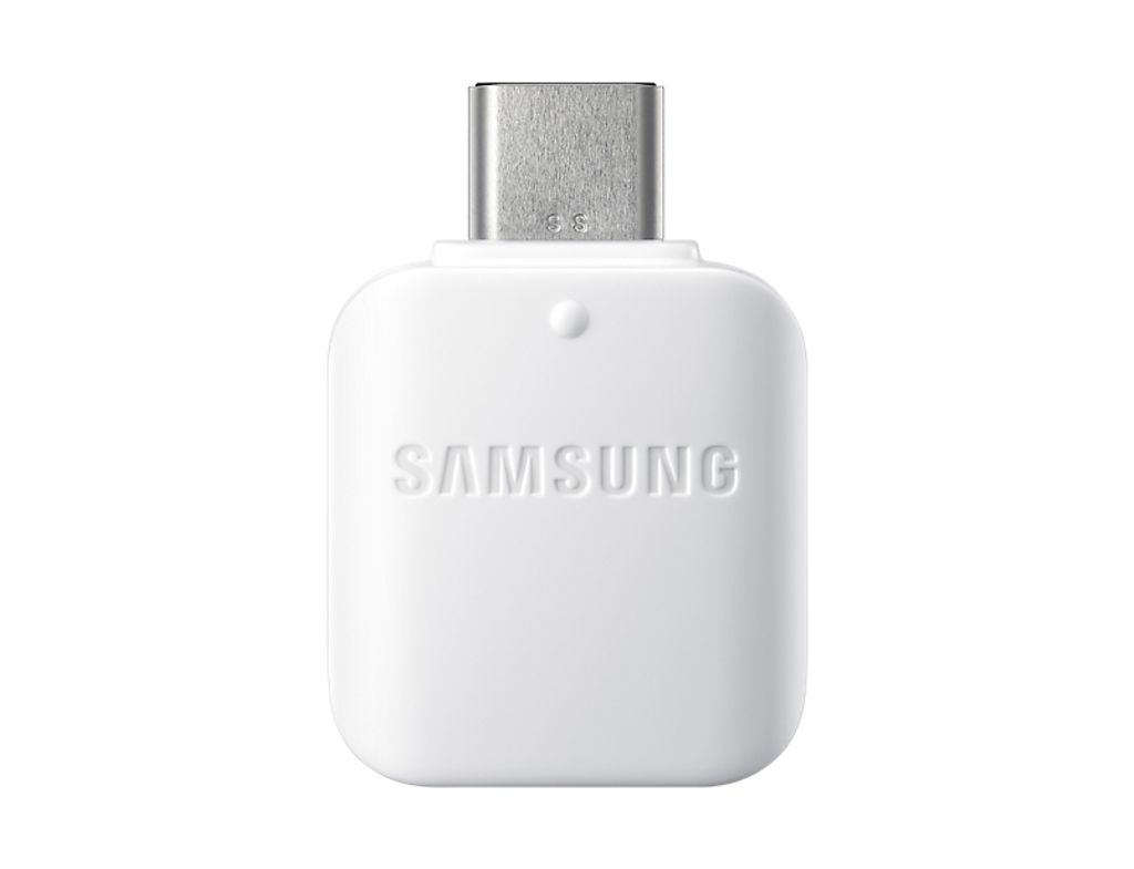 A white Samsung USB-C to USB-A adapter is shown against a white background.