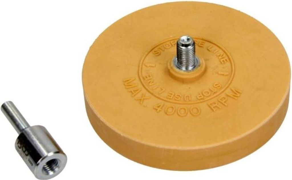 A rubber eraser wheel and a metal adapter are shown on a white background.