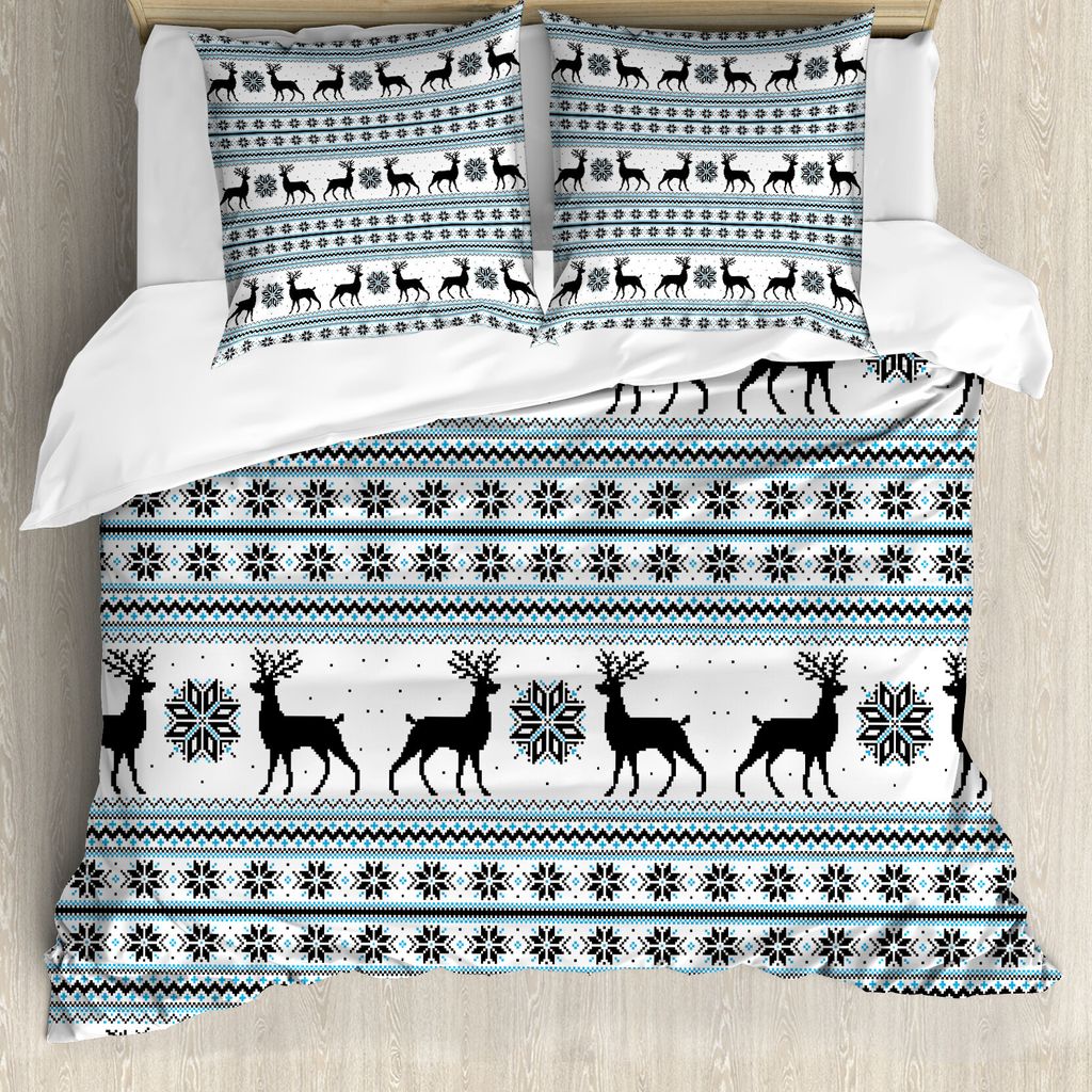 ABAKUHAUS nordisch Bettbezug, Zick-Zack-Rentier und Schnee, Milbensicher Allergiker geeignet mit Kissenbezügen, 155 cm x 220 cm - 80 x 80 cm, Schw...