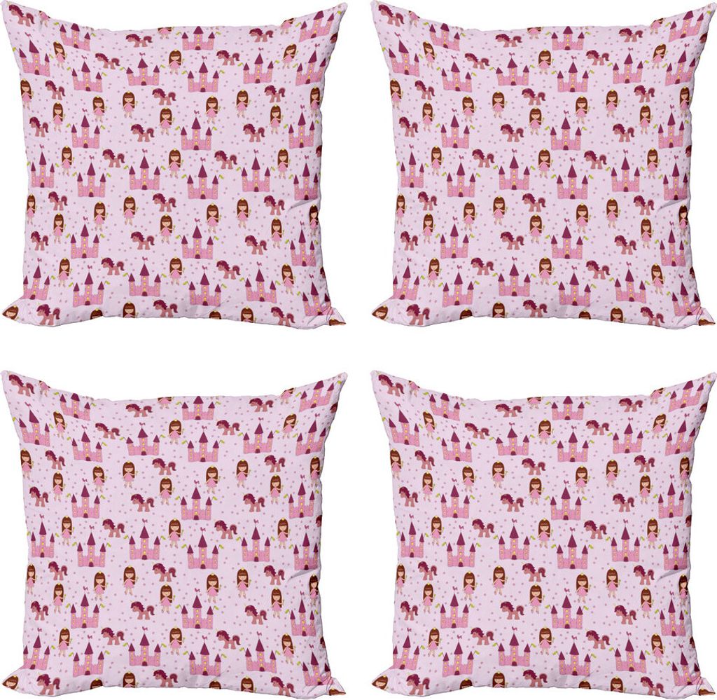 ABAKUHAUS Fantasie Kissenbezug Set (4 Stück), Princes mit Castle Sternen, Moderner Doppelseitiger Digitaldruck, 45 cm x 45 cm, Pale Mauve Braun Rosa