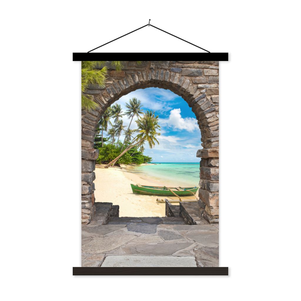 MuchoWow Textilposter Strand - Palme - Blick - Meer - Kanu 60x90 cm mit schwarzem Rahmen - Poster Wohnzimmer