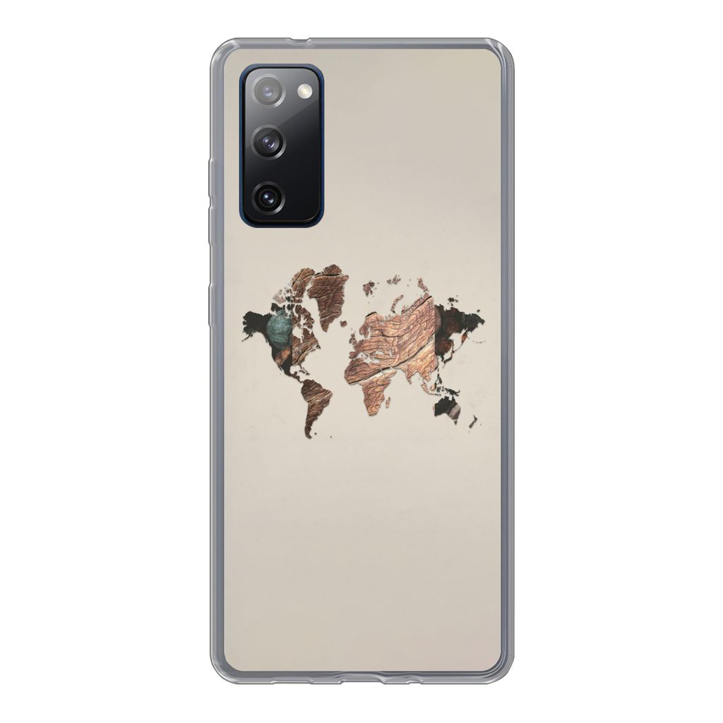 MuchoWow Handyhülle Schutzhülle Hülle für Samsung Galaxy S20 FE Weltkarte - Holz - Braun Silikon Softcase Handy Hülle - Abdeckung