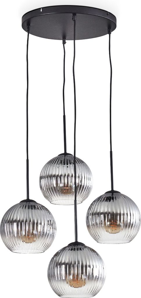 Cesaro Hängelampe aus Metall/Riffelglas in Schwarz/Rauchfarben/Klar
